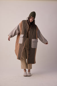 Patch quilted wool cotton blend coat