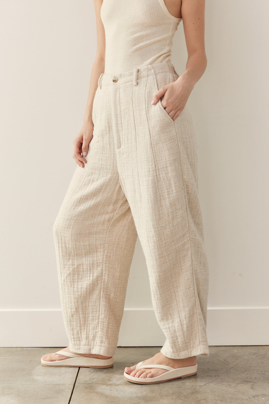 Back elastic cotton linen blend pants