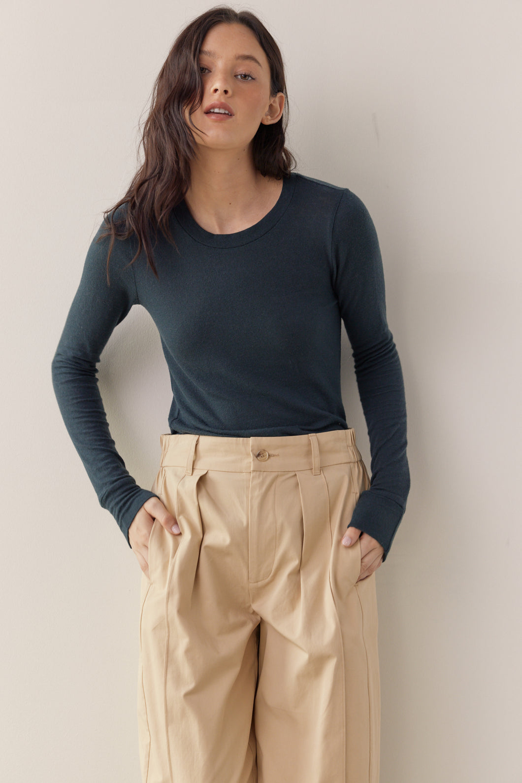 Wool Tencel blend crew neck knit top