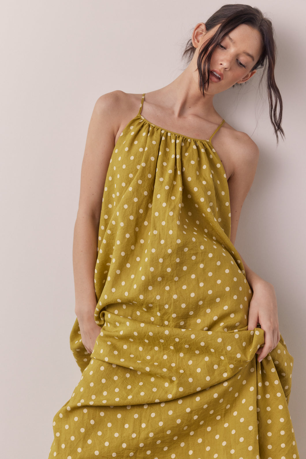 Linen Polka dot back tie ankle dress