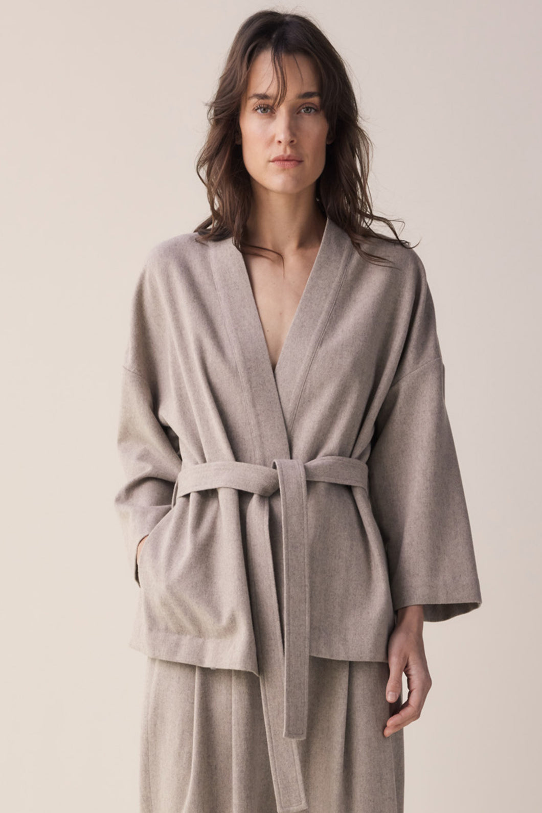 Tie waist  wool robe jacket