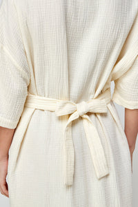 Cotton gauze half sleeve waist tie dress