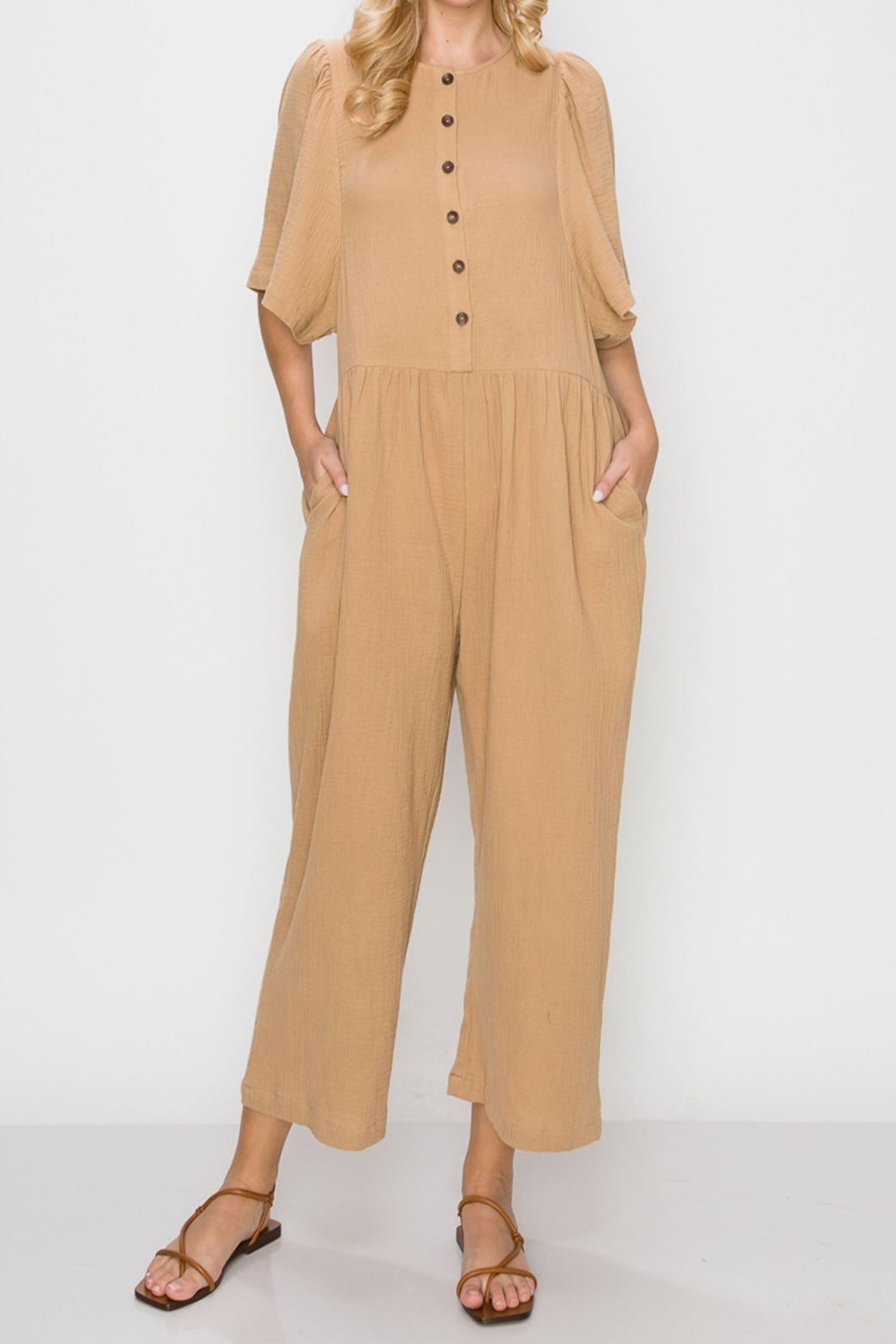 Button-down volume sleeve jumpsuit