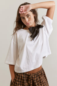 Silk bow half sleeve cotton T-shirt