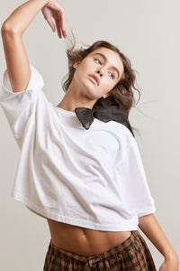 Silk bow half sleeve cotton T-shirt