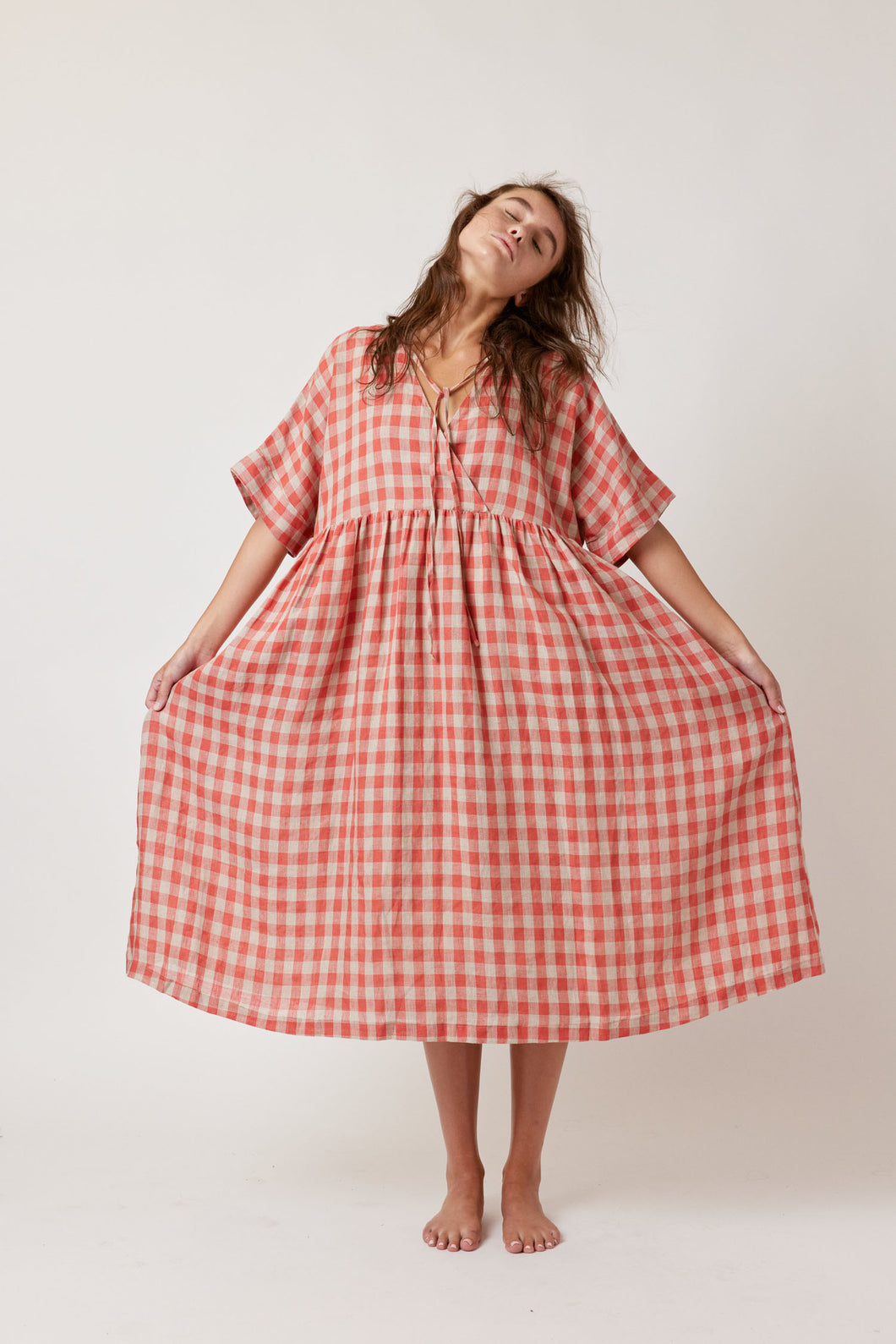 Drop sleeve loose fit linen gingham dress