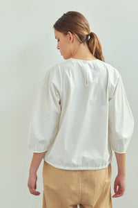 Tie waist pintuck volumed sleeve cotton blouse